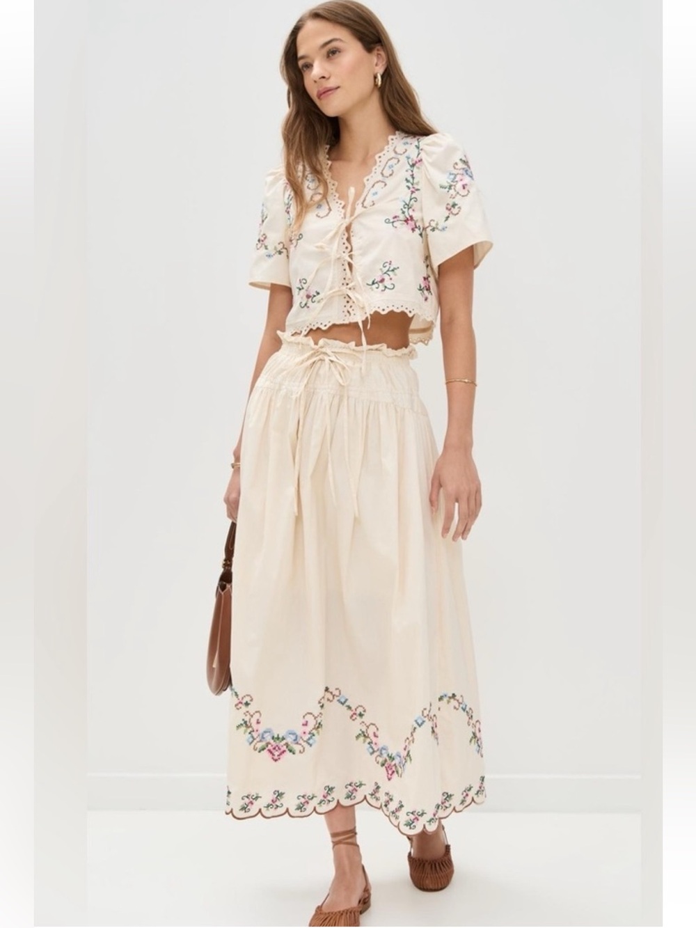 Moon River Ivory Embroidered Cross Stitch Midi Skirt & Top 2-piece set M Sezane